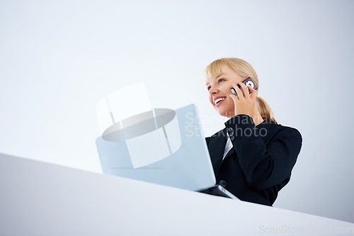 Image of Phone call, laptop and happy business woman consulting, networking and chat about online news, feedback or results. Smartphone discussion, computer and advisor talking with investment deal contact