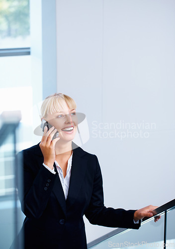 Image of Corporate smartphone call, stairs and happy woman discussion, negotiation or consultation with mobile user. Phone communication, smile and indoor sales agent talking, speaking or chat with contact