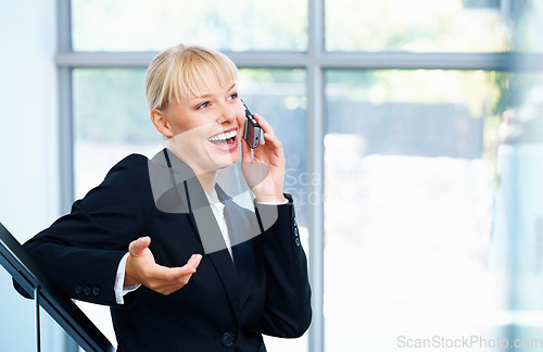 Image of Corporate phone call, happiness and staircase woman discussion, negotiation or consultation for business advice. Cellphone connection, smile and friendly agent talking, speaking or chat with contact