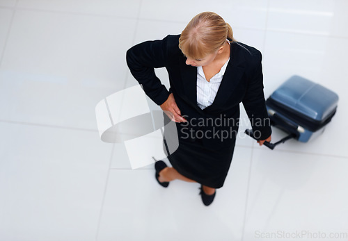 Image of Travel, top view airport and business woman waiting for plane departure, holiday transportation or international flight trip. Lobby, airplane suitcase and corporate agent journey on hotel ground