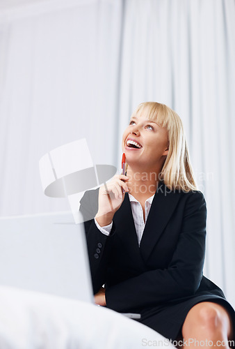 Image of Businesswoman, thinking or smile with laptop for idea in bedroom for financial, growth or planning. Female consultant, technology and remote work for information, feedback or online report with pen