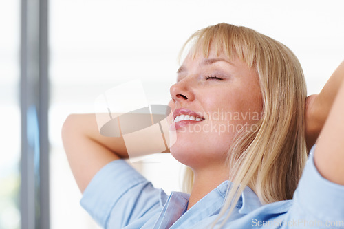 Image of Smile, sleeping and young woman on sofa with positive, good and confident attitude for peace. Happy, relax and female person from Australia taking nap on couch in the living room at modern apartment.