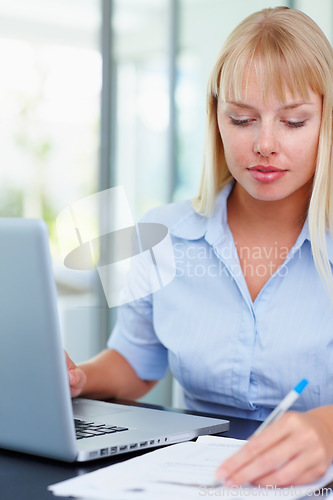 Image of Laptop, writing and business woman with notes in office for working online, website and planning. Corporate, ideas and worker with computer, books and documents for project, networking and agenda