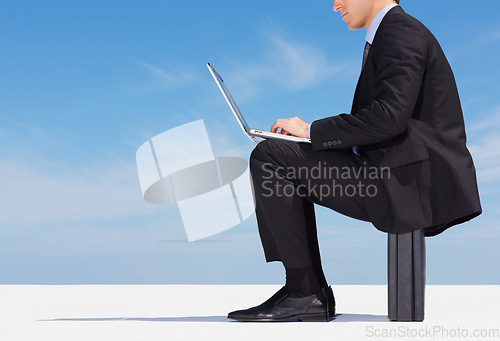 Image of Laptop, hands typing and business man on briefcase on blue sky mockup space. Serious professional consultant writing email on computer, working on research and communication on internet or website