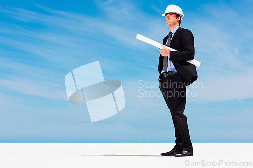 Image of Engineer with helmet, blueprint and thinking with blue sky, mock up or project management. Architecture, construction space and business man with building planning, design idea and contractor on site