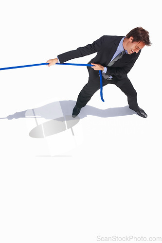 Image of Top view, businessman or pulling rope by white background with career challenge in competition. Young person, frustrated and professional worker in suit with job battle and tug of war in workplace