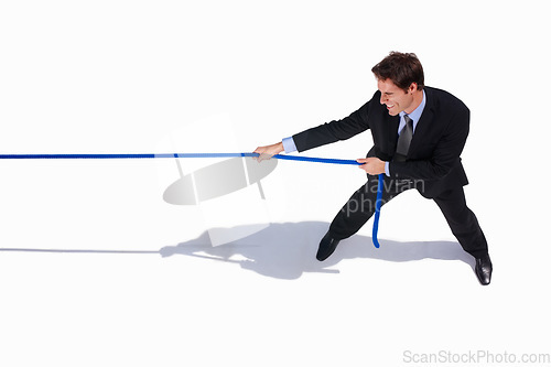 Image of Businessman, conflict and tug of war by white background, career challenge and workplace competition. Young person, mental health and professional worker with rope, top view and job battle in studio