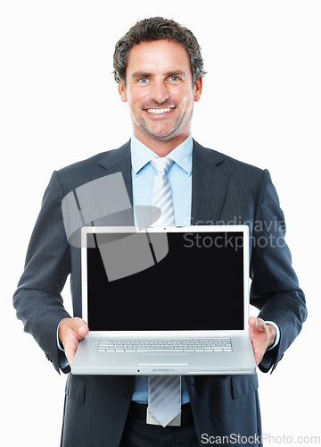 Image of Business man, laptop screen and mockup for advertising website, stock market sign up or presentation in studio. Portrait of mature trader, computer space or trading registration on a white background