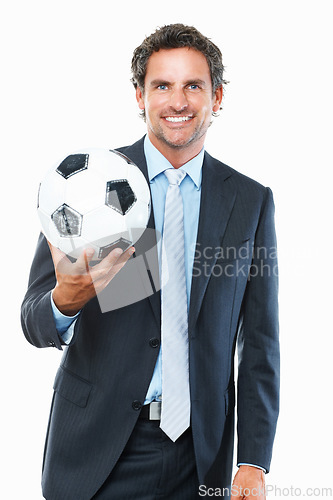 Image of Businessman, portrait and happy with football in studio for soccer, marketing or sport advertisement. Mature, entrepreneur or face and smile with ball, confidence and pride on white background