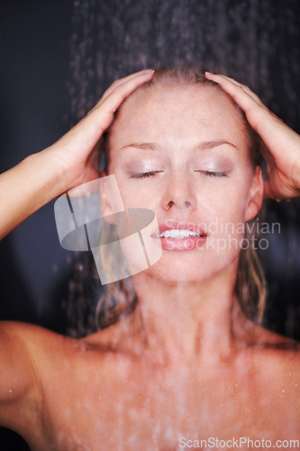 Image of Woman, washing and shower for relax in bathroom, skincare and health wellness with water for grooming. Young model, happy and glow in closeup with cleaning body and self care for beauty in apartment