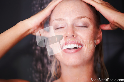 Image of Woman, happy or shower for care in bathroom, skincare or health wellness with water for washing. Young person, grooming and glow in closeup with cleaning body and hair for natural beauty in apartment