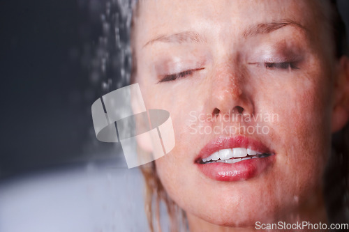 Image of Woman, water splash or shower for relax for hygiene, skincare or health wellness with hydration in washing. Young, wet and natural glow on face with peace and self care for beauty in apartment