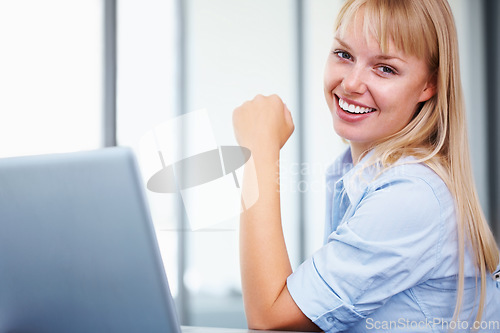 Image of Portrait, consultant and happy woman in office with laptop, market research or online website review. Businesswoman at desk with smile, professional career and administration job at startup agency.