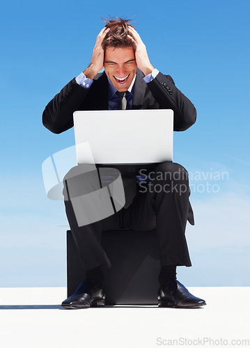 Image of Laptop, sky and business man frustrated with corporate disaster, stock market trading mistake or online website error. Bankruptcy report, stress or angry professional trader reading bad feedback info