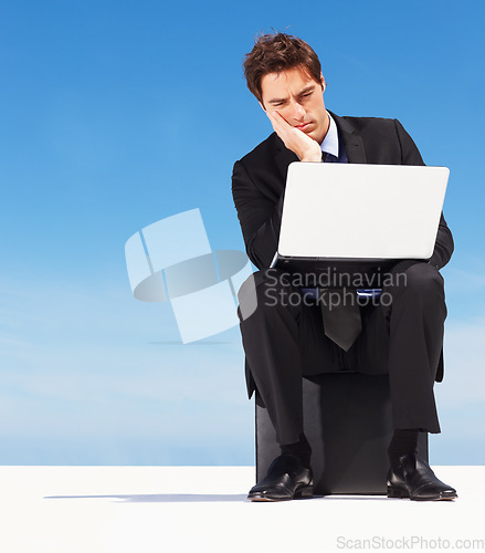 Image of Laptop, sky and man thinking over corporate mistake, company disaster or computer tech fail, glitch or 404 error. Mockup space, worry and outdoor person reading bad feedback, report or online results