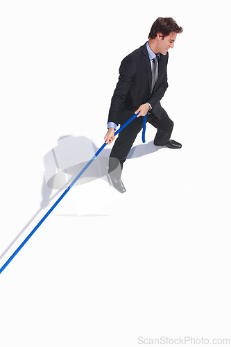 Image of Businessman, challenge and tug of war by white background, career problem and workplace competition. Young person, mental health or professional worker with rope, top view or job conflict in studio