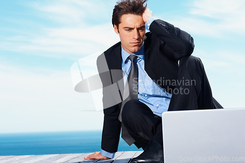 Image of Laptop, sky and business man stress over corporate mistake, company disaster or online website fail, glitch or 404 error. Mental health, web crisis and professional person reading bad feedback info