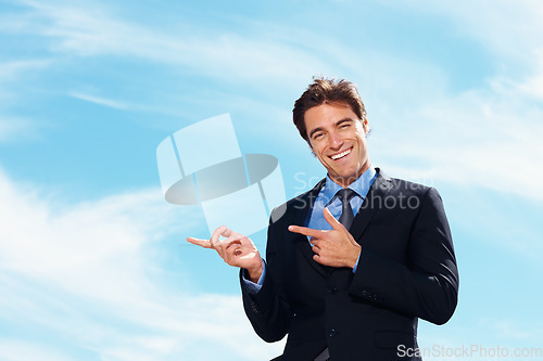 Image of Blue sky portrait, professional and happy man point at corporate announcement, company notification or legal info. Mockup space, service choice and business lawyer, attorney or advocate sales offer