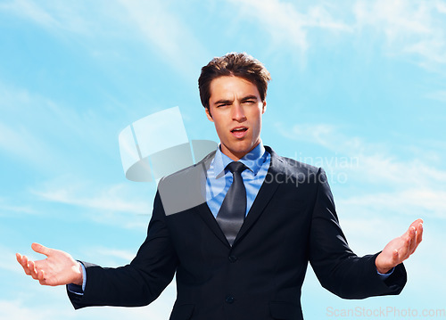 Image of Portrait, doubt and business man shrug, confused and question why on sky clouds. Face, decision and professional with choice, balance or scale on palm, dont know hand gesture and problem on mockup