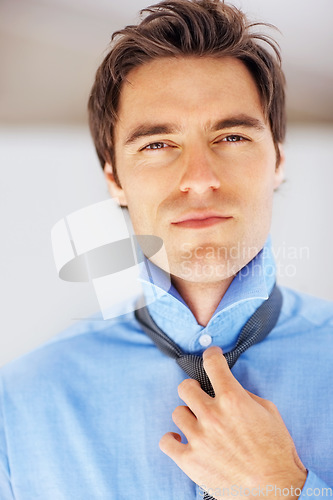 Image of Business, tie and portrait of man dressing in home for morning routine, change and ready. Fashion, professional and career with face of person and shirt for confidence, start and preparation