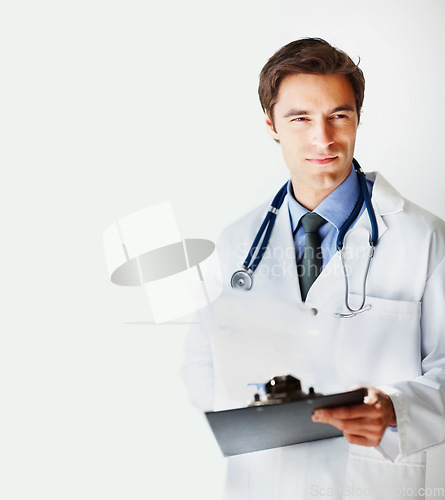 Image of Man, doctor and thinking with clipboard for prescription, research or checklist against a white studio background. Male person, surgeon or medical professional in wonder for life insurance on mockup