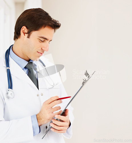 Image of Man, doctor and clipboard for prescription, research or checklist for medical history at hospital. Male person, surgeon or professional checking diagnosis, appointment or life insurance at clinic