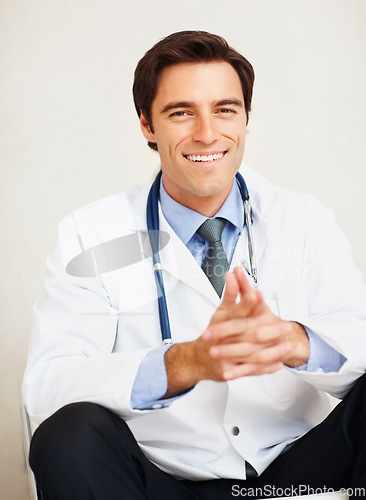 Image of Portrait, happiness and relax man, doctor or surgeon smile for medical support, wellness services or career experience. Hospital, cardiology and professional expert happy for clinic healthcare work