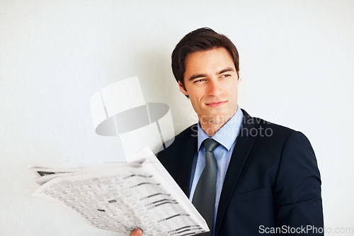 Image of Business man, reading newspaper and wall for thinking, idea or economy to check stats on global market. Trader, investor or happy for revenue announcement in morning for stock, decision and finance