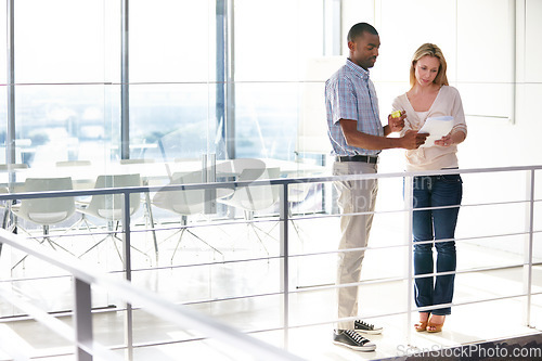 Image of Business people, documents and teamwork for planning, reading proposal and manager advice of company budget. Employees or man and woman in diversity with paperwork, financial report and payroll data