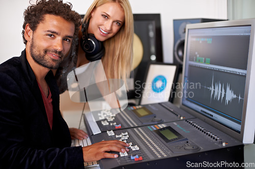 Image of DJ, musician team and recording studio portrait with a man and music producer with tech and computer. Sound engineer, audio technician and media with professional in booth with synthesizer and artist