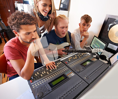 Image of Recording studio, music and people with producer for band songs, track and audio with musical instruments. Technology, soundboard and men and women with sound engineer or technician to record media