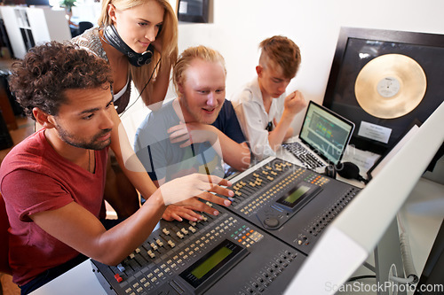 Image of Recording studio, music and producer for band song, track and audio with musical instruments. Technology, digital podcast and men and women with sound engineer, production or technician for media