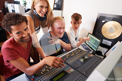 Image of Recording studio, happy and portrait of producer for music, radio song and track with musical instruments. Technology, audio production and men and women with sound engineer or technician for media