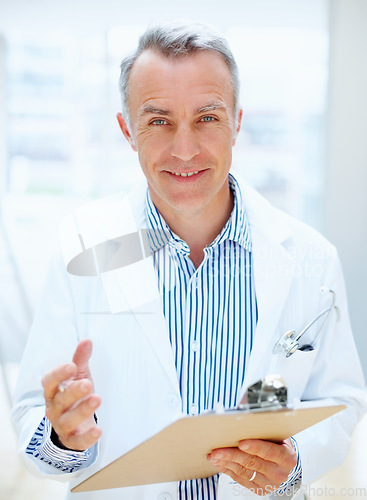 Image of Question, health and portrait of doctor with clipboard, chart or survey for insurance and medical information. Surgeon, man and talking with paperwork, report or checklist at clinic or hospital