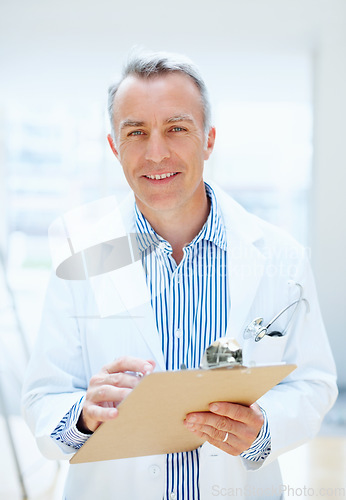 Image of Health, question and portrait of doctor with clipboard, chart or survey for insurance and medical information. Surgeon, man and planning with paperwork, report or checklist at clinic or hospital