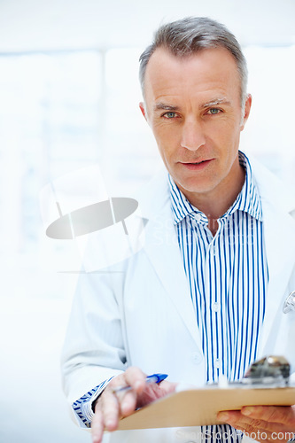 Image of Health, question and doctor with checklist on clipboard, chart or survey for insurance and medical information. Healthcare, man and portrait with paperwork, report or check up at clinic or hospital