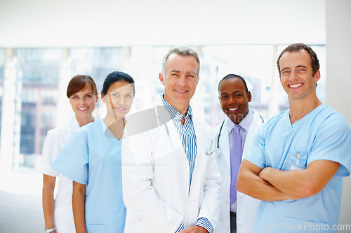 Image of Portrait, cooperation and doctor with healthcare, nurse and career with happiness, clinic and about us. Face, people and group with medical, professional and diversity in hospital, smile and teamwork