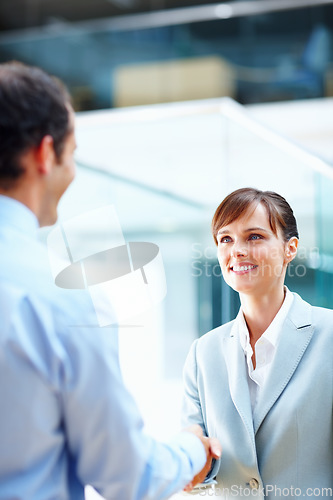 Image of Business woman, handshake and welcome to job interview, Human Resources meeting or career introduction in office. Professional people or clients shaking hands for recruitment, opportunity and hiring