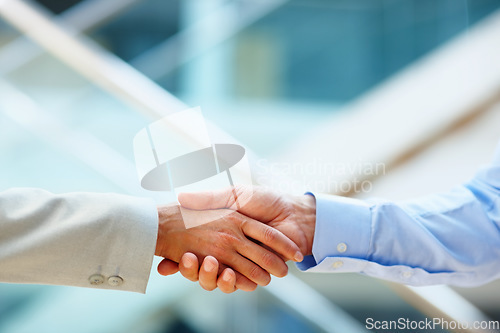 Image of Corporate people, shaking hands and meeting agreement, partnership and introduction for legal deal or onboarding. Closeup of business lawyer and clients handshake for success, support and greeting