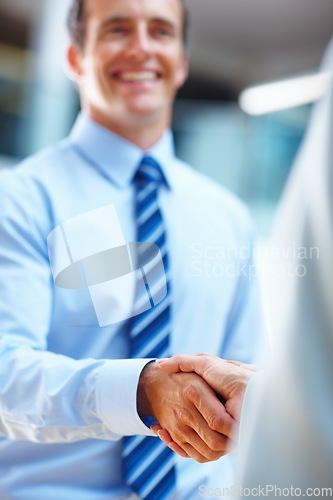 Image of Business man, handshake and welcome to job interview, Human Resources meeting or happy for career introduction. Professional people or clients shaking hands for recruitment, opportunity and hiring