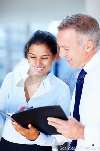 Image of Professional people, manager and folder for teamwork, planning or advice in human resources and office meeting. Business woman, mentor or mature manager with documents, report or schedule management