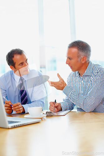 Image of Business men, documents and writing in meeting for advice, support and investment, partnership or contract negotiation. Clients, mature advisor or people talking of financial benefits with checklist