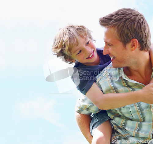 Image of Father, son and happy outdoor with piggyback for bonding, relationship and freedom with blue sky or mock up. Family, man and boy child with playing, care and love for excitement, peace and support