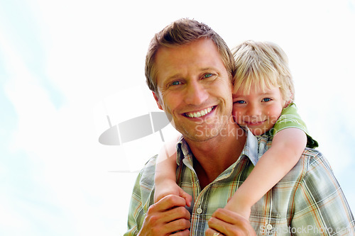 Image of Father, son and portrait or happy with piggyback for bonding, relationship and freedom with sky in nature. Family, man and boy child with playing, care and love for excitement, mock up and support