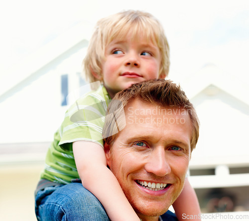 Image of Father, son and smile outdoor with piggyback for bonding, relationship and freedom in garden of home. Family, man or boy child with playing, care and love for happiness, peace and support in backyard