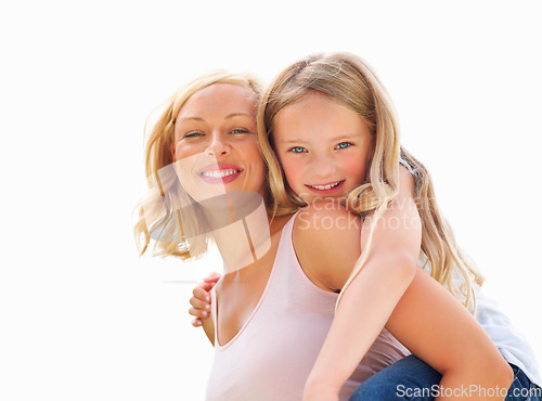Image of Portrait, piggy back and mother with girl, smile or fun with happiness, bonding together or outdoor. Face, family or mama carrying daughter with joy, play or love on white background and mockup space