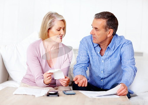 Image of Home, finance and senior couple with documents, retirement fund and mortgage debt with insurance checklist, life and asset management. Apartment, old woman or mature man with paperwork or budget plan