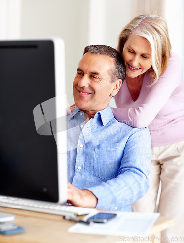 Image of Investment, planning or senior couple with computer in home for retirement savings or pension budget. Hug, financial news or mature man with a happy woman for house bills, profit growth or research