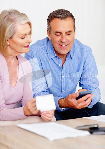 Image of Receipt, calculator or senior couple with computer in home for retirement savings or pension planning. Profit growth, financial investment or mature man talking to a woman for house bills or budget