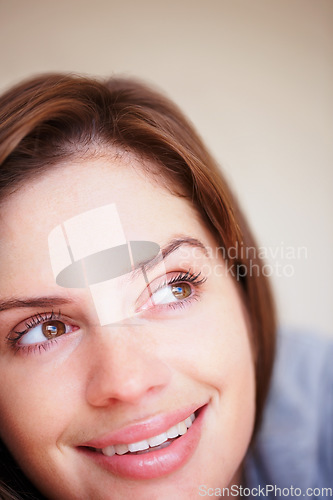 Image of Woman, thinking and smile or closeup happy weekend rest, lazy holiday nap or calm peace. Female person, relax and thoughts for wellness cozy or comfort idea on vacation, morning break in apartment